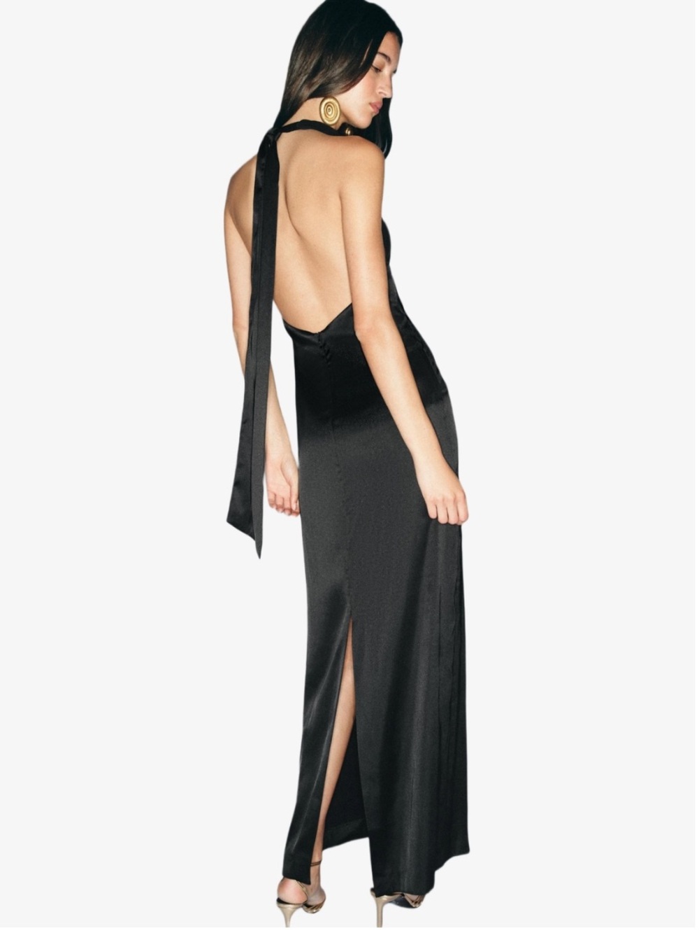 NWT ZARA Black Satin Effect Long Halter Maxi Dress